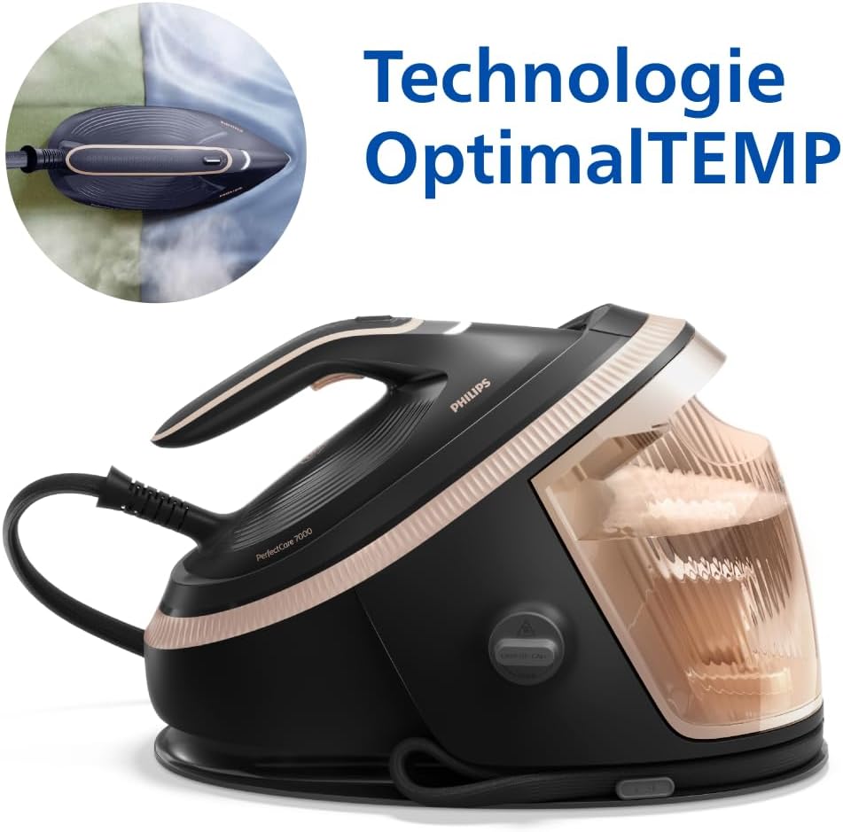 Philips PerfectCare 7000-2850W Series, Pressing 650 g/min, 8.5 Bars, OptimalTEMP Technology, 1.5L Tank, SteamGlide Elite Sole, Smart Steam, Black/Gold (PSG7300/80)
