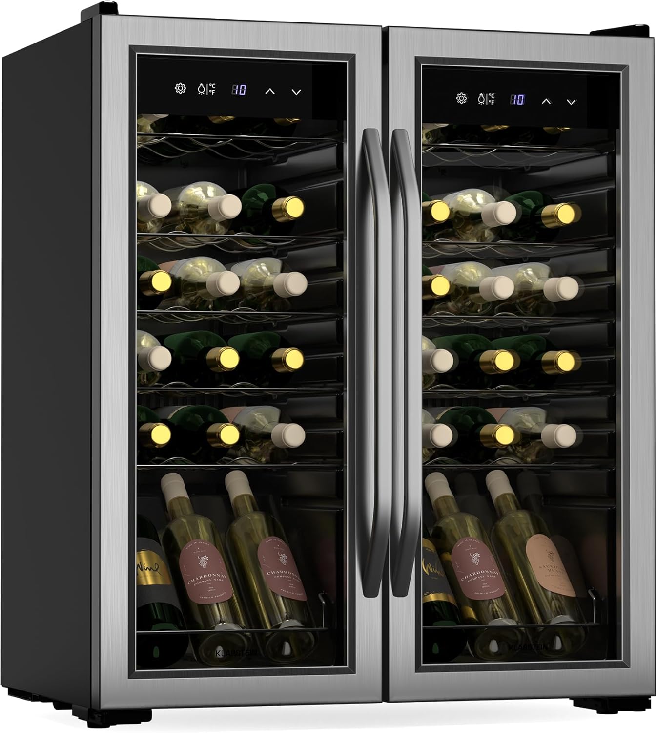 Cave à vin Klarstein Vinamour + 6 bouteilles de vin offertes - 2 zones / 36 bouteilles, 5-18 °C, commande tactile, éclairage LED, pose libre, protection anti-UV, double porte en acier inoxydable