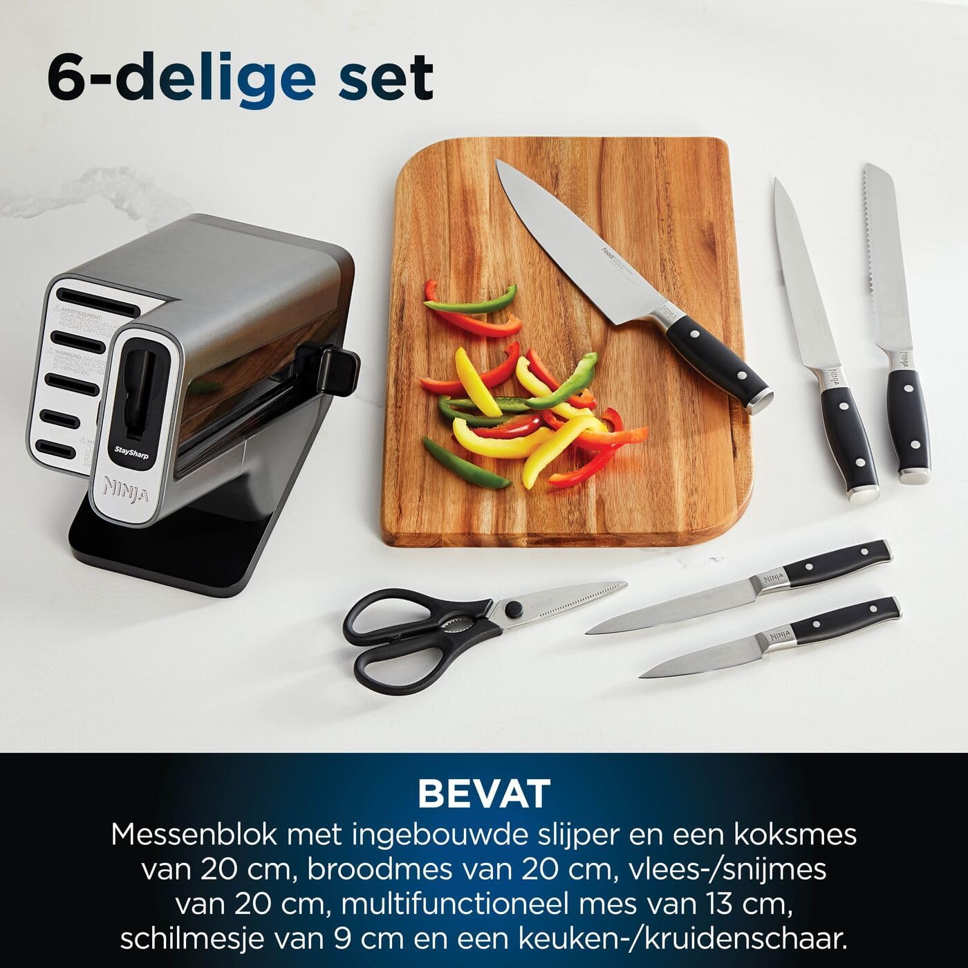 Ninja Foodi StaySharp K32006EU Messenblok, messenset, geïntegreerde slijper, 5 messen en schaar (1 paar), keuken-, brood-, trancheer-, universele schilmes & schaar, 6-delig, roestvrij staal