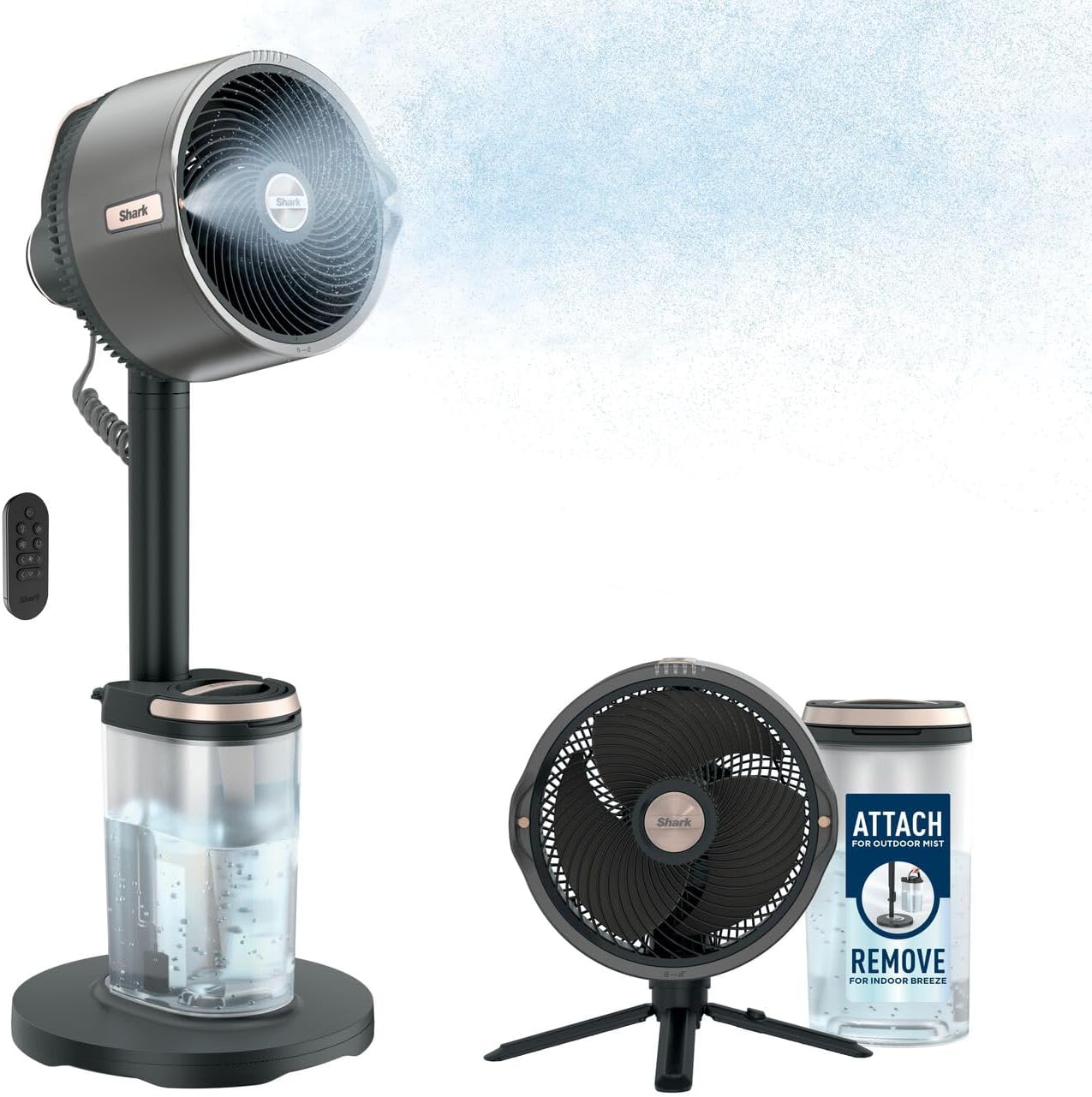 Shark FlexBreeze Pro Mist Cordless Indoor & Outdoor Fan with Outdoor Misting System, 20m Cooling Reach, 24hr Runtime, Pedestal & Table Fan, 5 Speeds, Quiet, Remote Control, Charcoal Grey FA300UK