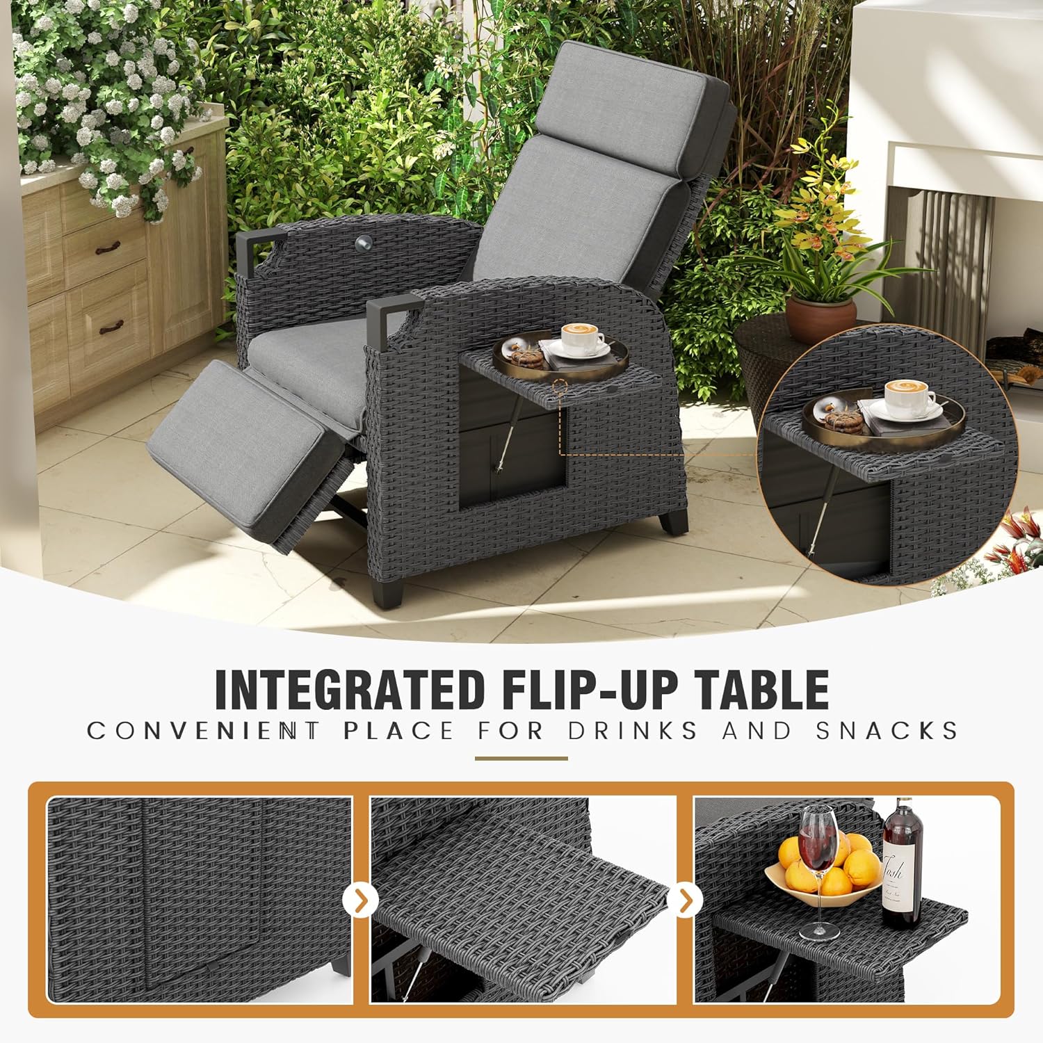 Garden Comfort Set: Amopatio Rattan Recliner Lounger + Outsunny 70cm Table + Keplin 2.7m Parasol
