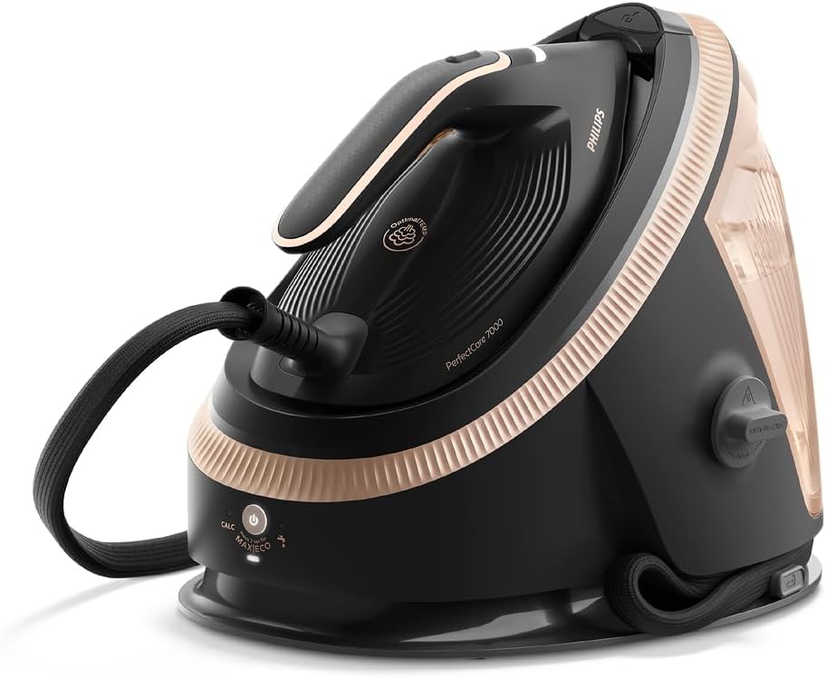 Philips PerfectCare 7000-2850W Series, Pressing 650 g/min, 8.5 Bars, OptimalTEMP Technology, 1.5L Tank, SteamGlide Elite Sole, Smart Steam, Black/Gold (PSG7300/80)