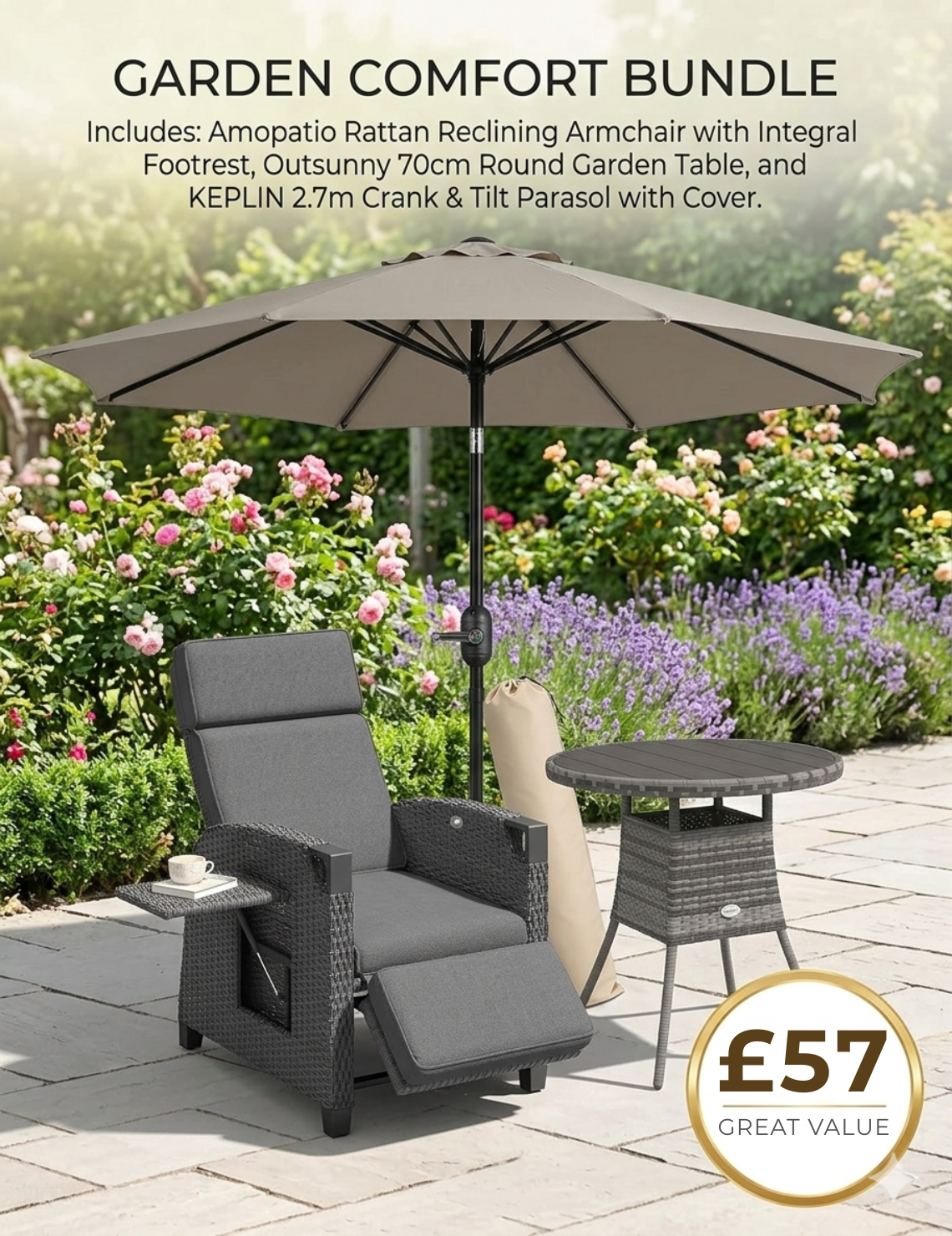 Garden Comfort Set: Amopatio Rattan Recliner Lounger + Outsunny 70cm Table + Keplin 2.7m Parasol