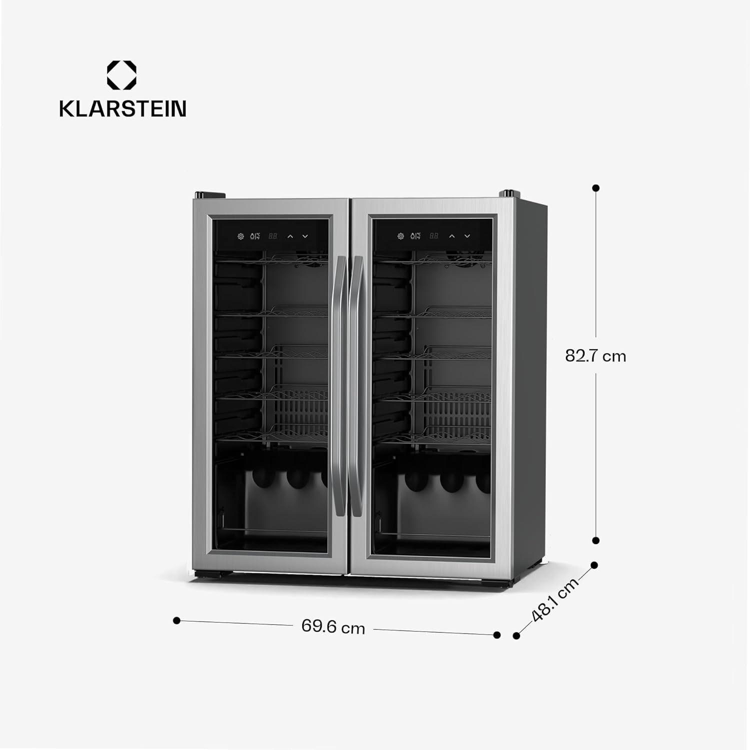 Cave à vin Klarstein Vinamour + 6 bouteilles de vin offertes - 2 zones / 36 bouteilles, 5-18 °C, commande tactile, éclairage LED, pose libre, protection anti-UV, double porte en acier inoxydable