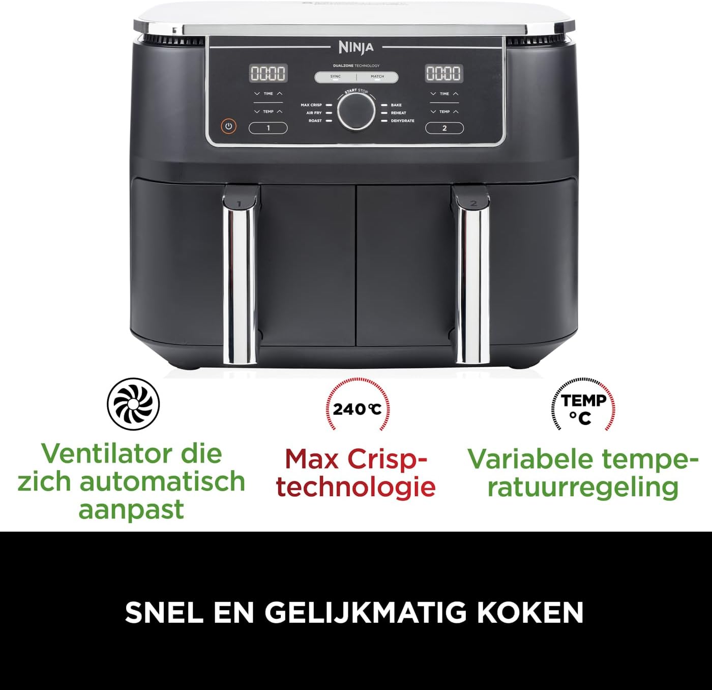 Ninja Foodi MAX Dual Zone Digitale Airfryer, 2 Laden, 9,5L, 6-in-1, Olievrij, Airfryen, Max Crisp, Braden, Bakken, Drogen, 8 Porties, Vaatwasmachinebestendige Manden Met Anti-aanbaklaag, Zwart AF400EU
