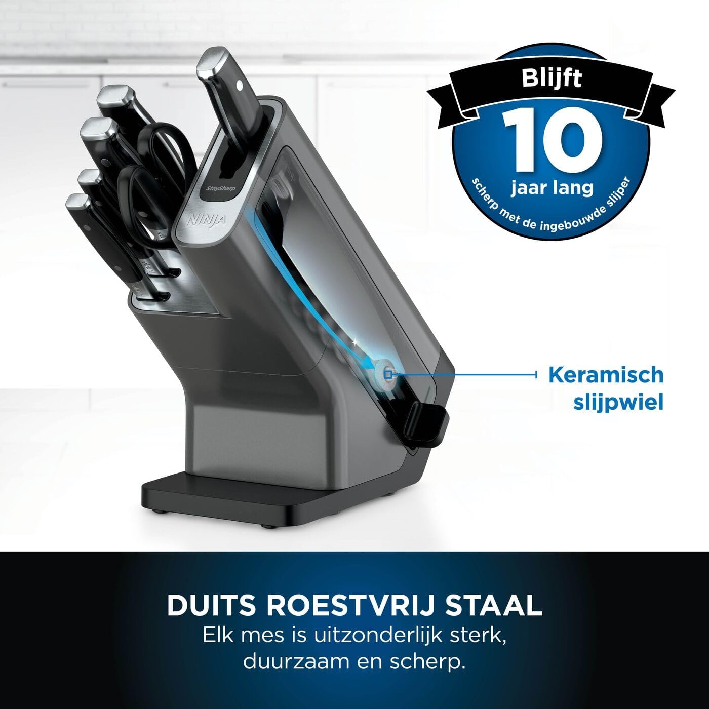 Ninja Foodi StaySharp K32006EU Messenblok, messenset, geïntegreerde slijper, 5 messen en schaar (1 paar), keuken-, brood-, trancheer-, universele schilmes & schaar, 6-delig, roestvrij staal