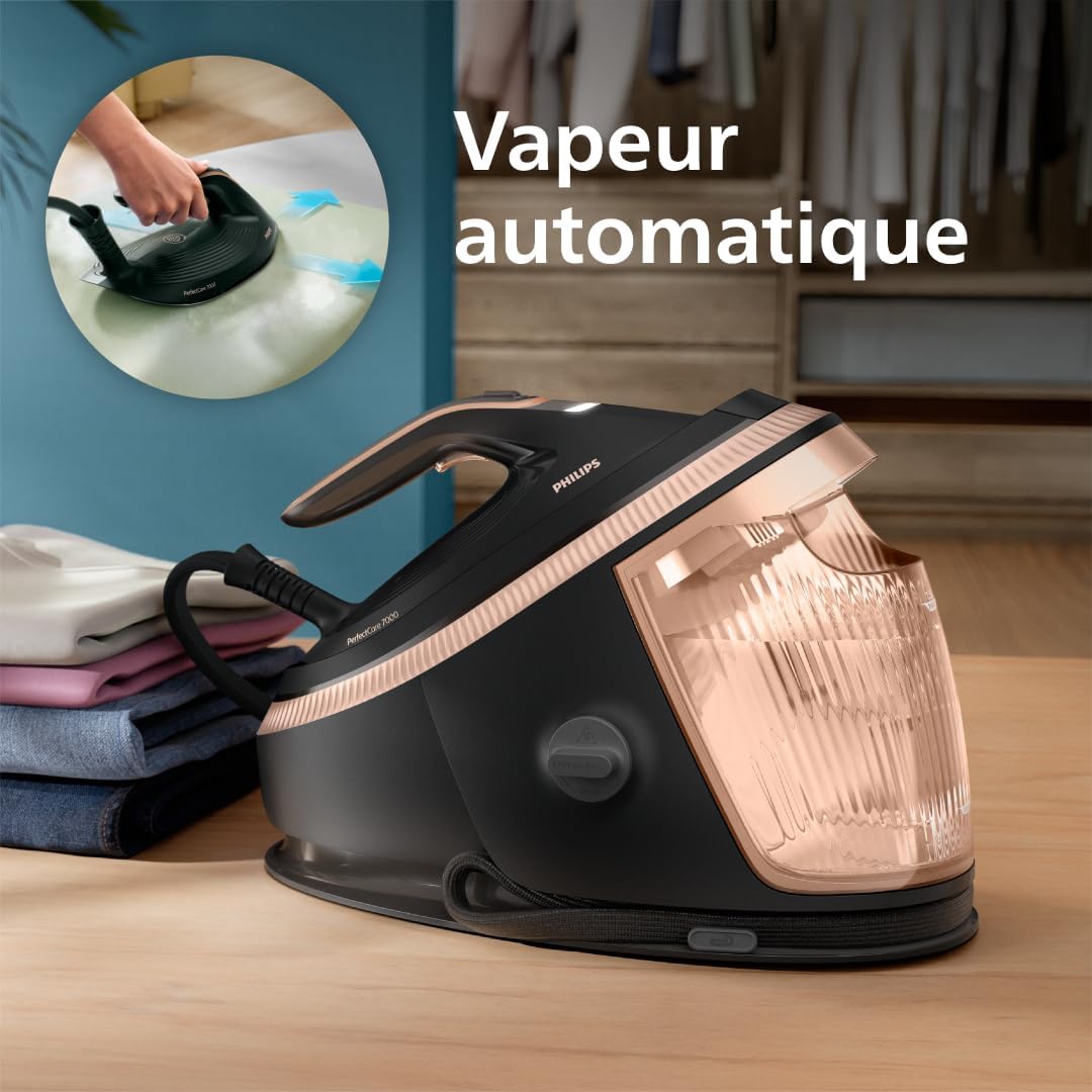 Philips PerfectCare 7000-2850W Series, Pressing 650 g/min, 8.5 Bars, OptimalTEMP Technology, 1.5L Tank, SteamGlide Elite Sole, Smart Steam, Black/Gold (PSG7300/80)