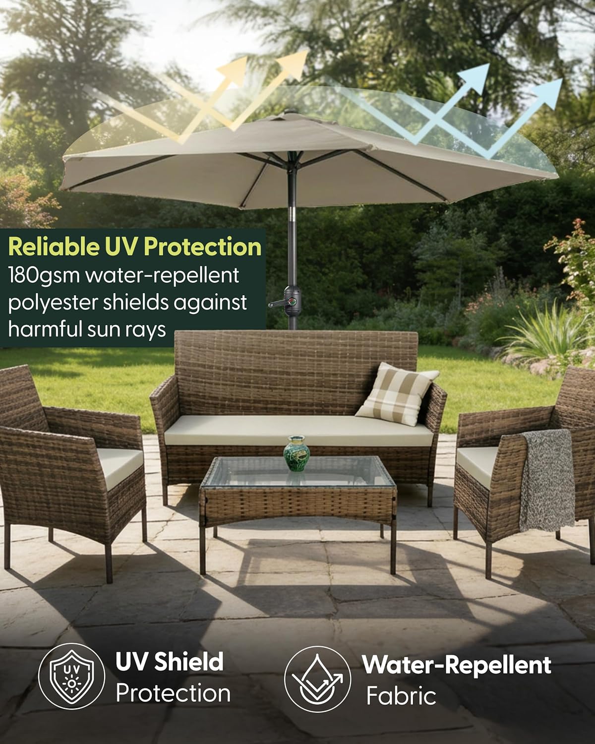 Garden Comfort Set: Amopatio Rattan Recliner Lounger + Outsunny 70cm Table + Keplin 2.7m Parasol
