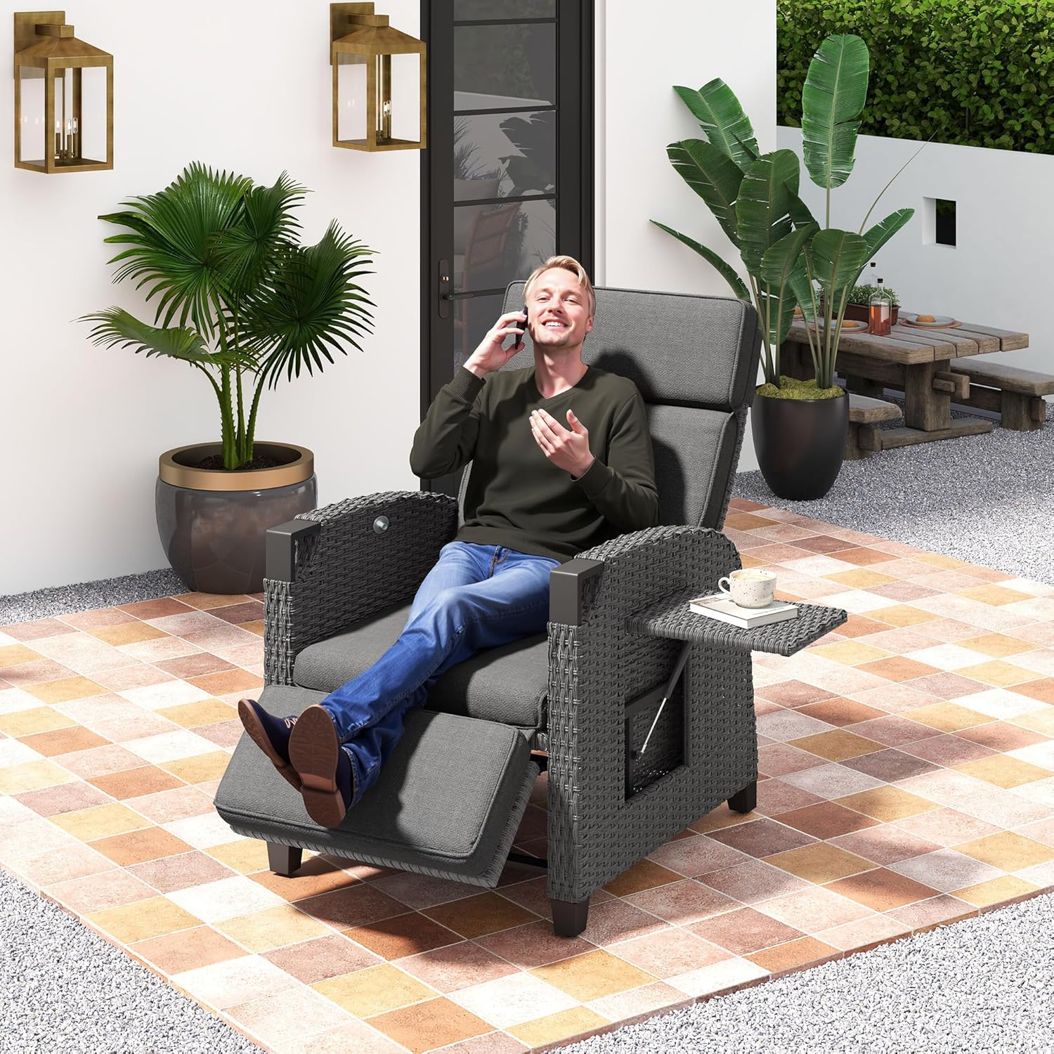 Garden Comfort Set: Amopatio Rattan Recliner Lounger + Outsunny 70cm Table + Keplin 2.7m Parasol