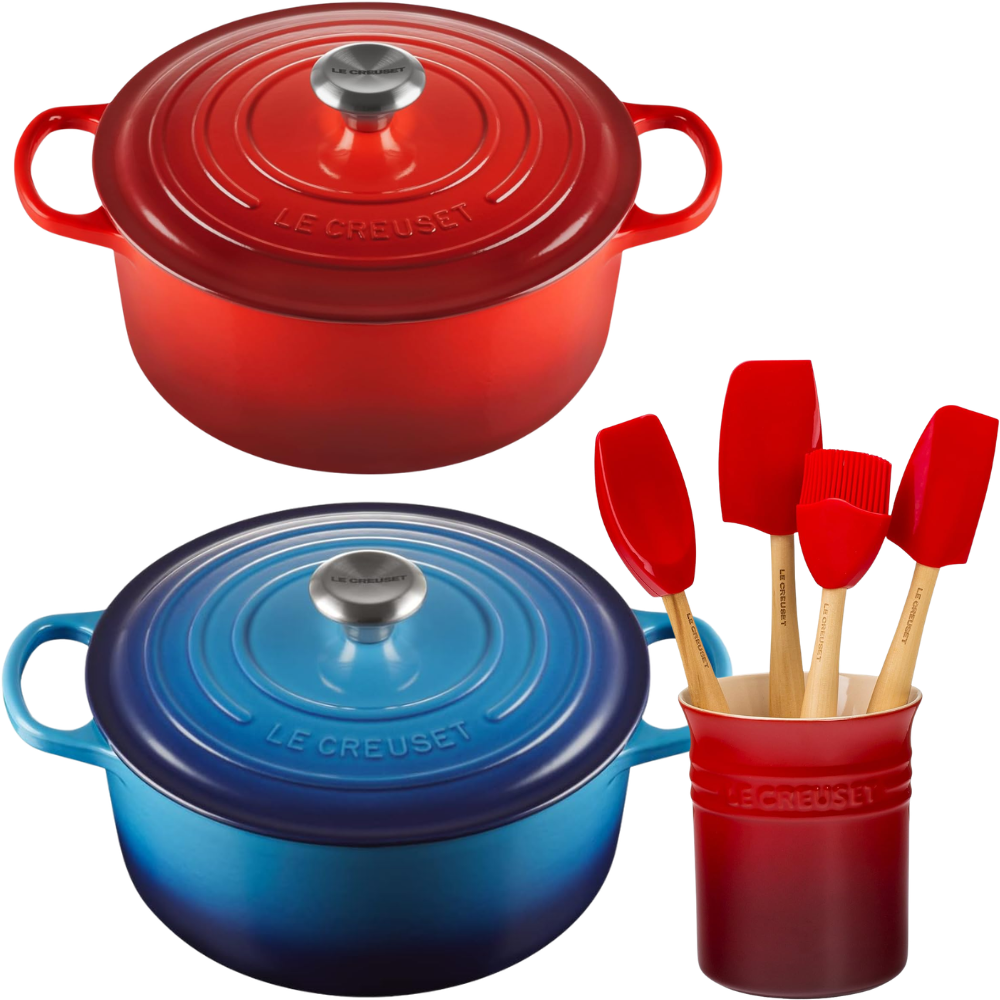 Lot de 2 Cocottes Le Creuset Signature en fonte émaillée avec couvercle, 30 cm, 8,4 L + Set d'écumoires Le Creuset offert